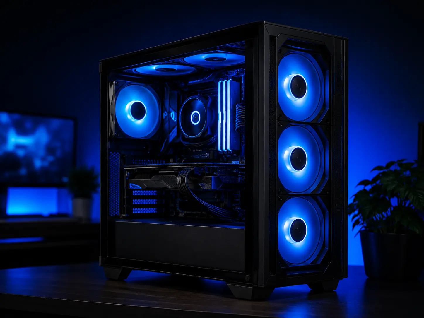 Blue-lit custom gaming PC
