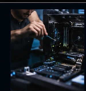 Technician working inside a desktop PC